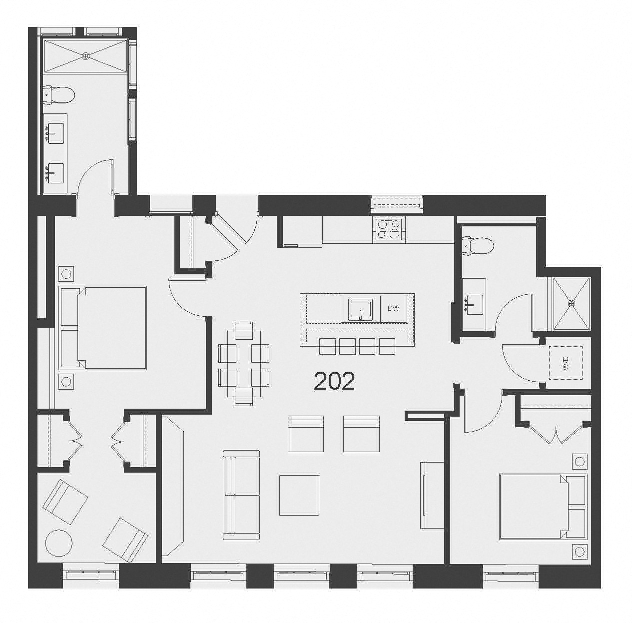 Floor plan for 2 beds, 3 baths, 1400 sqft